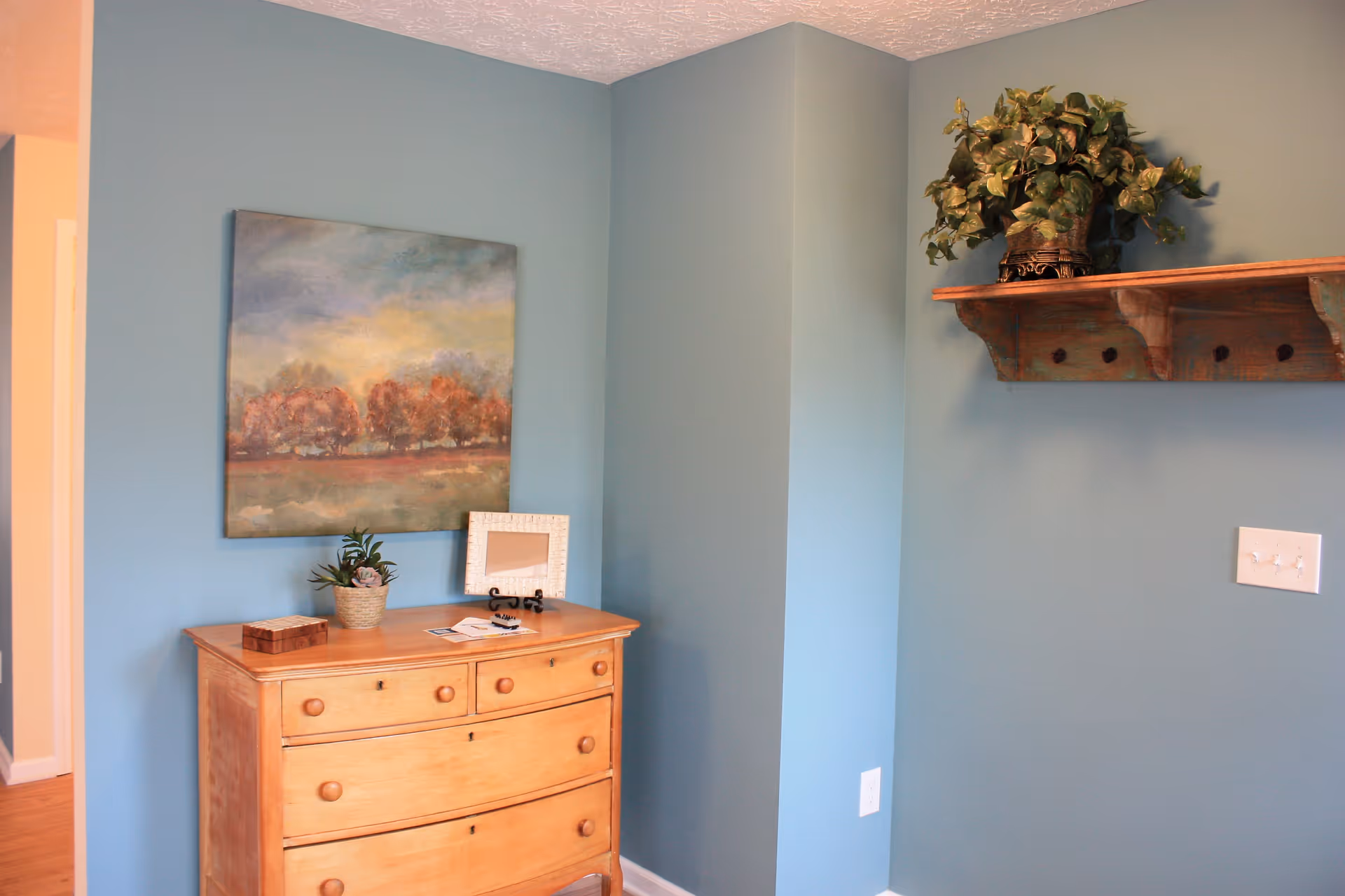 A corner of a room with light blue walls featuring a wooden dresser with three drawers and two smaller drawers on top. On the dresser are a small potted plant, a decorative box, a picture frame, and some papers. Above the dresser hangs a landscape painting with trees and a cloudy sky. To the right, a wooden wall shelf holds a potted plant. A light switch is visible on the wall below the shelf.