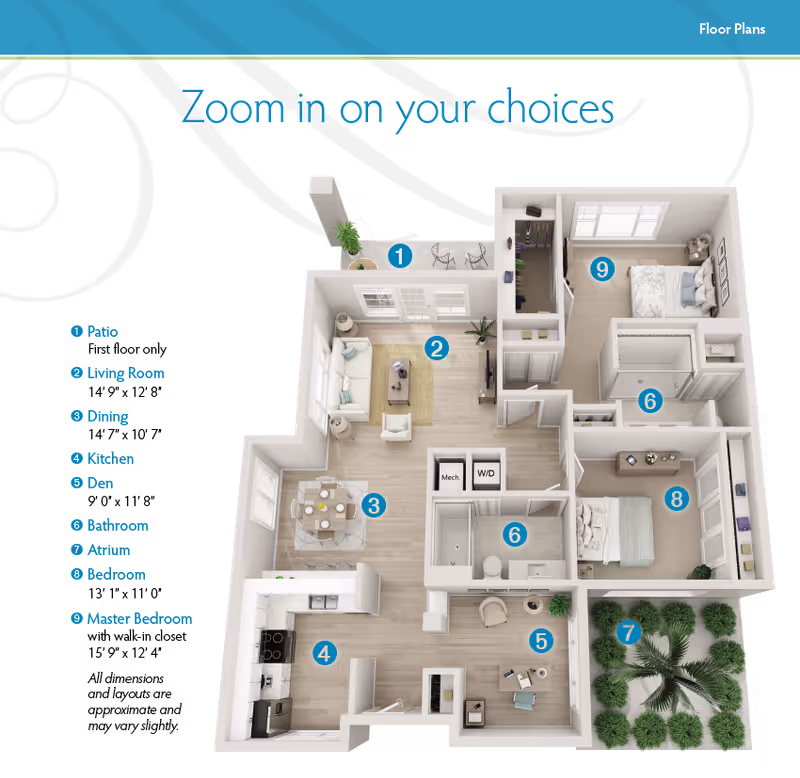 3D rendered, labeled floor plan of an apartment with numbered callouts for patio, living room, dining area, kitchen, den, bathroom, atrium, and bedrooms.
