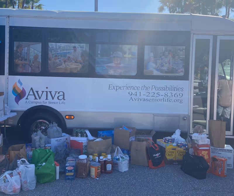 A white Aviva shuttle parked outdoors with numerous grocery bags and boxes of food and supplies lined up in front.