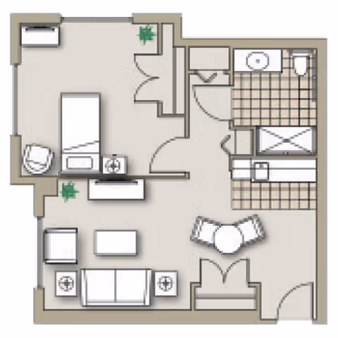 Floor plan of a senior living unit at The Cortland Howell showing a bedroom with a bed, chair, and dresser; a living room area with a sofa, two chairs, and a coffee table; a kitchen with appliances and counter space; and a bathroom with a sink, toilet, and shower.
