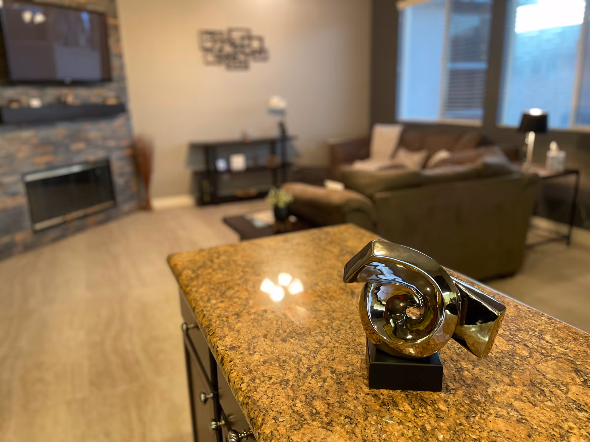 Granite countertop with a decorative metallic sculpture in the foreground and a blurred living room with sofa, fireplace, and TV in the background.