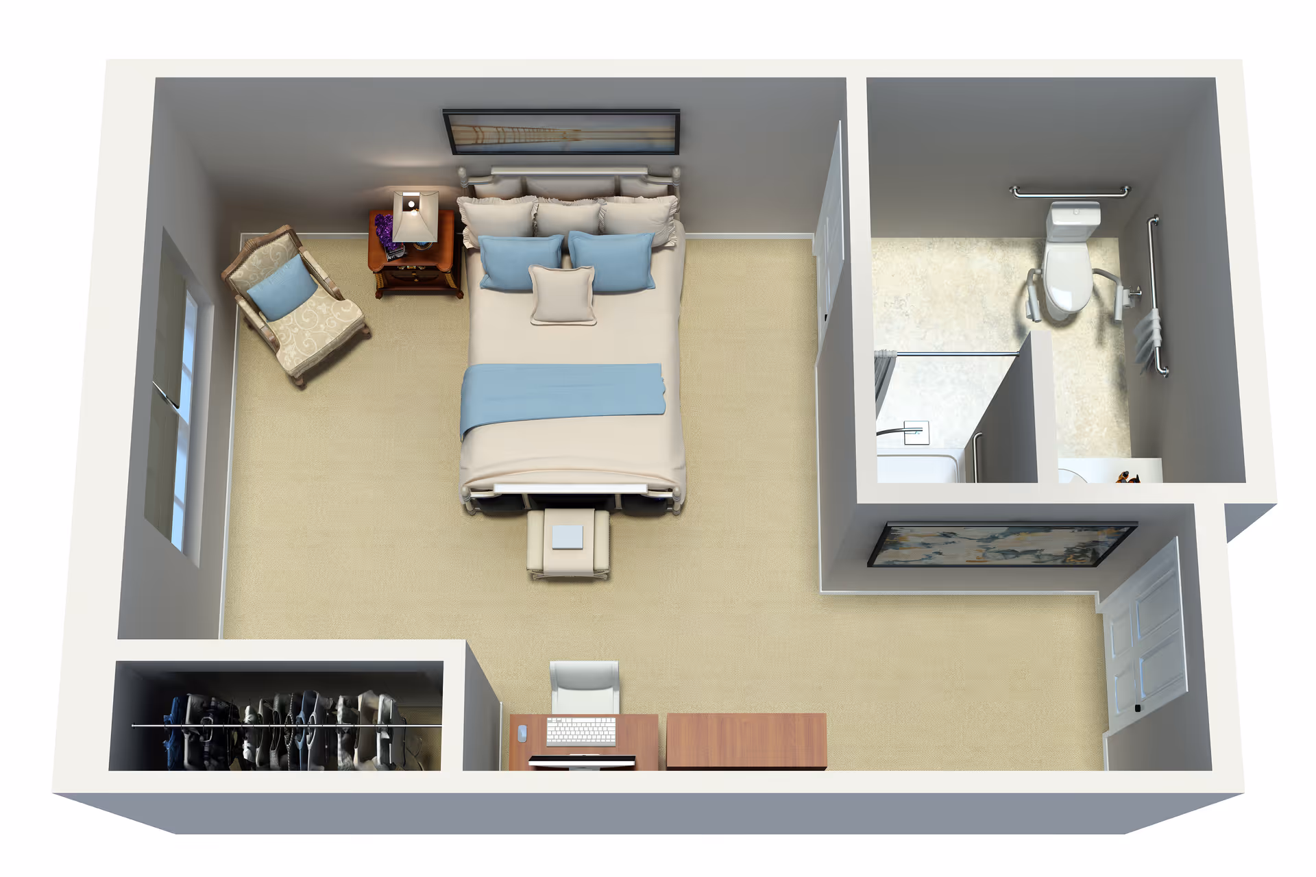 3D floor plan of a senior living facility room featuring a bedroom with a bed, nightstand with lamp, armchair, desk with chair and computer, and a closet. Attached to the bedroom is a bathroom with a toilet, shower, and sink.