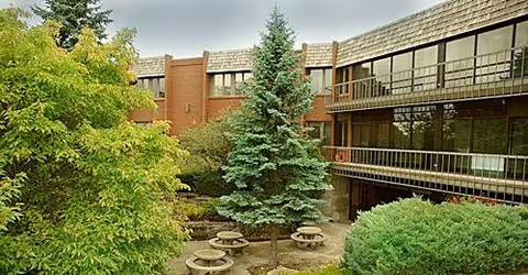 Courtyard with evergreen trees, circular concrete seating, and a multi-story building with exterior balconies and large windows.