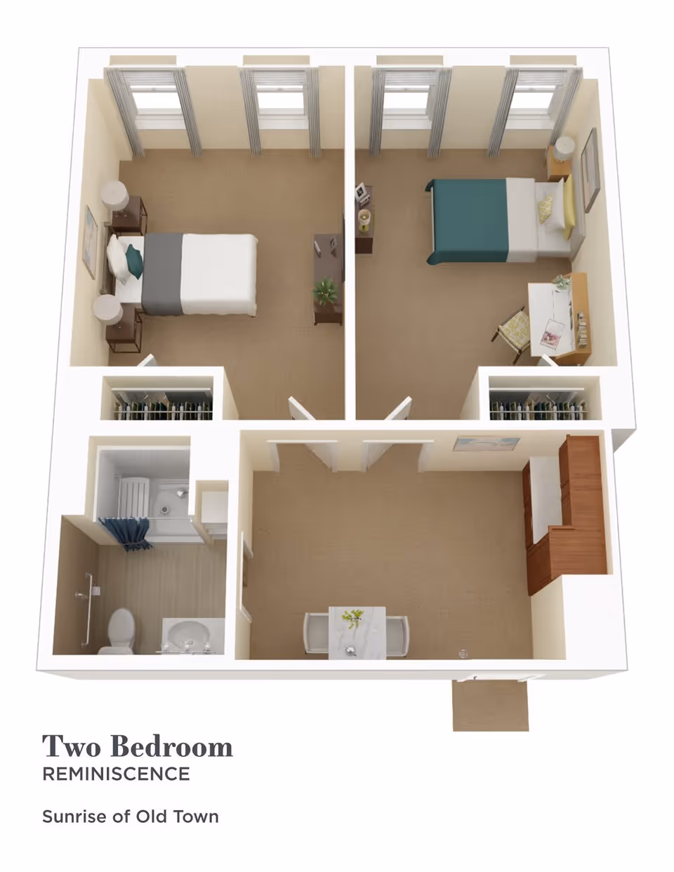 3D floor plan of a two-bedroom apartment with two separate bedrooms, a bathroom with a shower, a small dining area, and a kitchenette. Each bedroom has windows, beds, nightstands, and dressers. The bathroom includes a toilet, sink, and shower with a curtain. The dining area has a small table with two chairs, and the kitchenette has cabinets and a countertop.