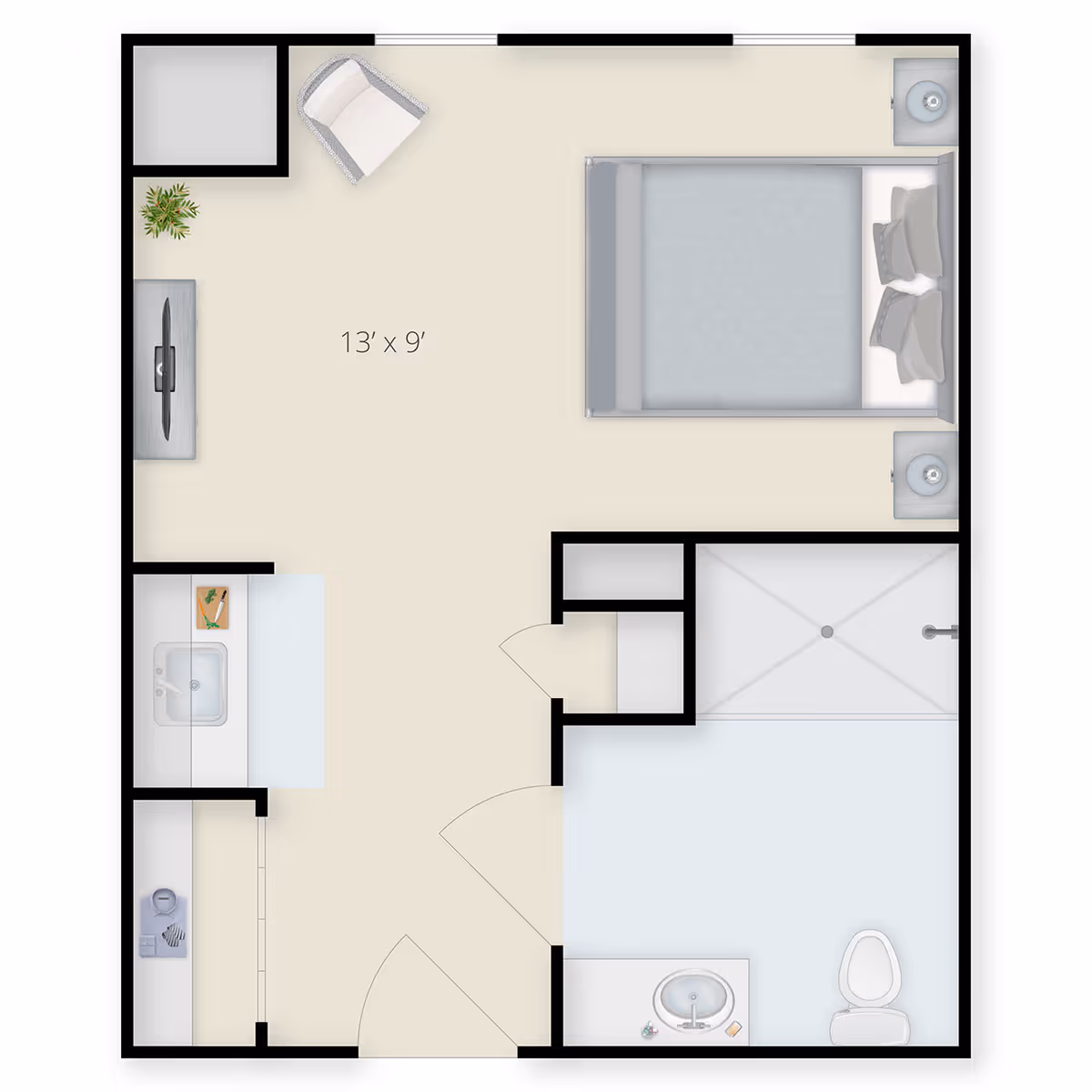 Floor plan of a room measuring 13 feet by 9 feet, featuring a bed with two nightstands, a chair, a TV on a stand, a sink area, and a bathroom with a shower, toilet, and sink.