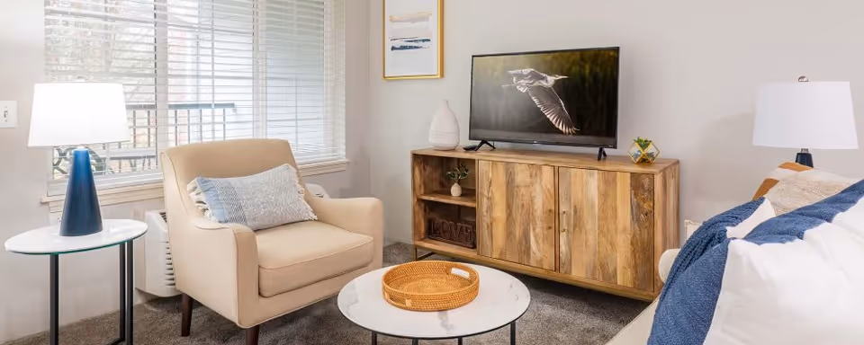 Bright living room with an armchair, sofa, round coffee table, and a TV on a wooden console.
