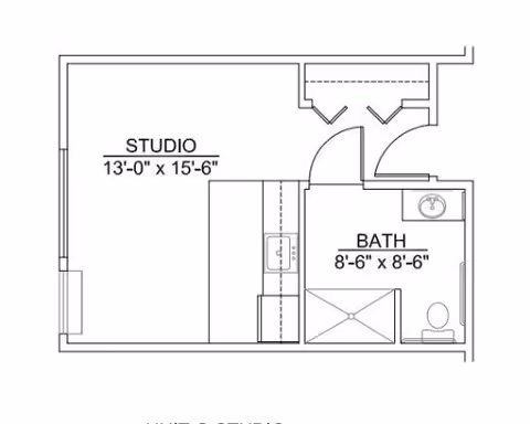 Black-and-white floor plan showing a studio apartment (13 ft x 15 ft 6 in) with an adjacent bathroom (8 ft 6 in x 8 ft 6 in) and closets.