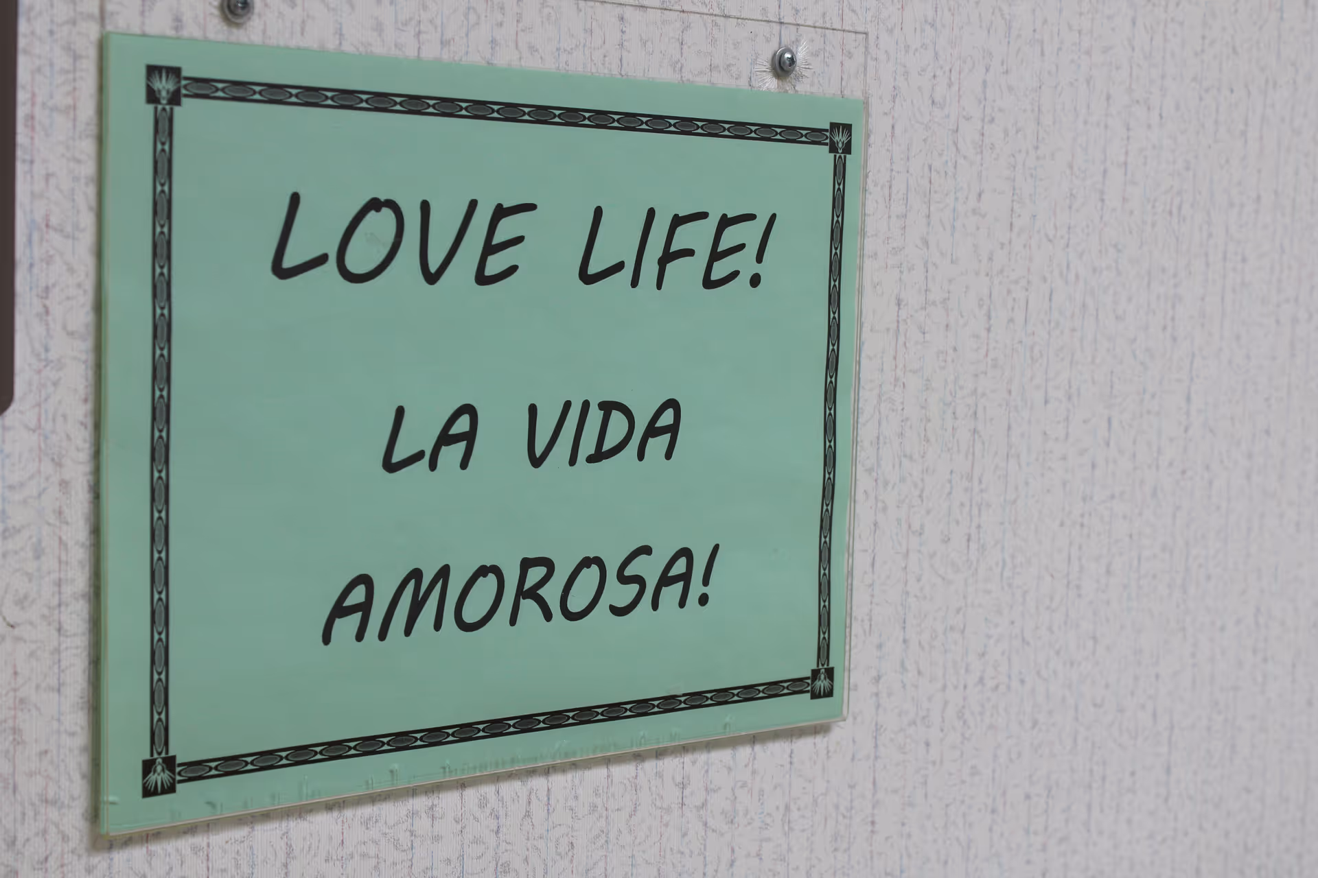 A green sign with a decorative black border hanging on a light-colored textured wall. The sign reads 'LOVE LIFE! LA VIDA AMOROSA!' in bold black letters.
