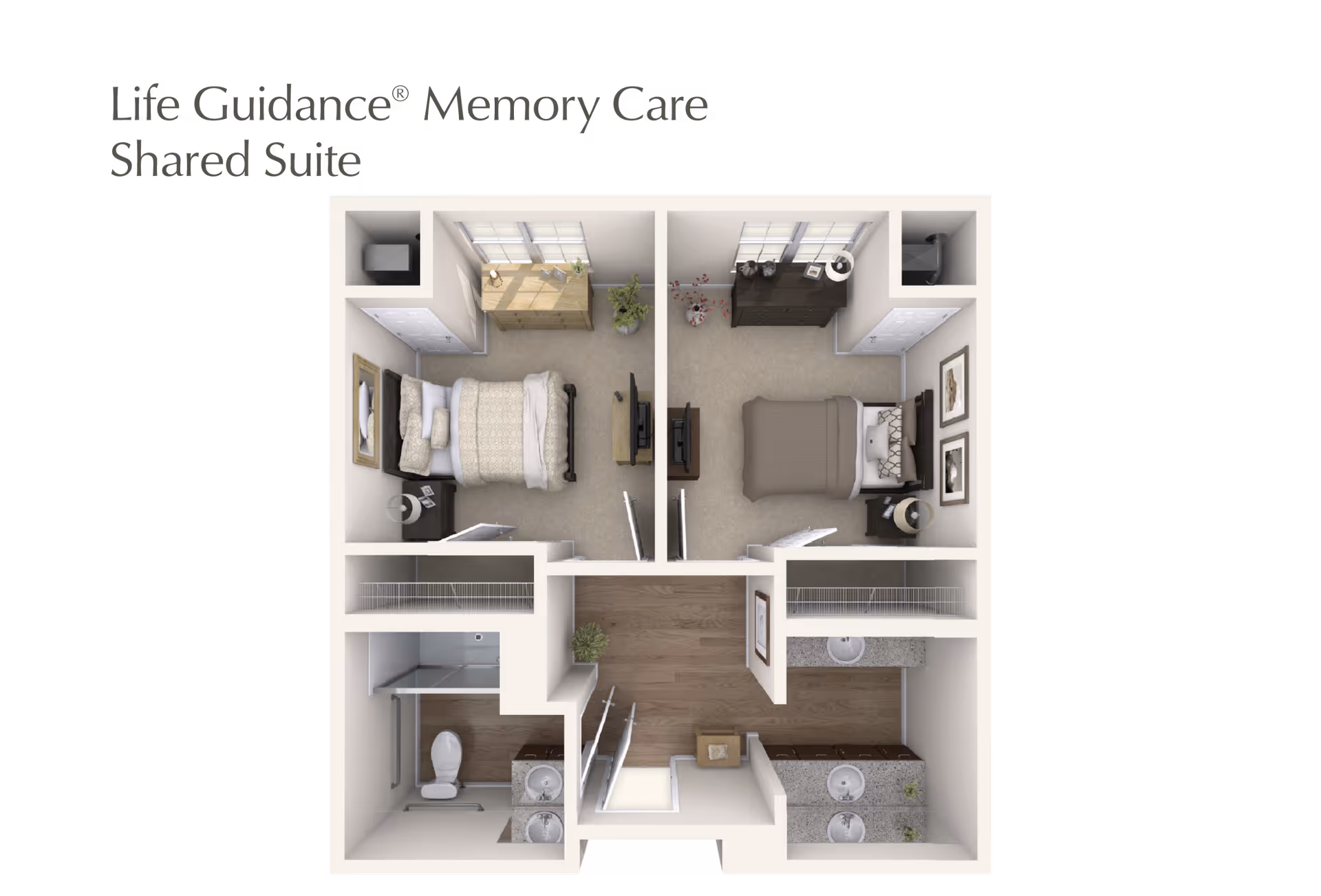 Floor plan of a Life Guidance Memory Care shared suite featuring two bedrooms, each with a bed, dresser, nightstand, and TV. The suite includes a shared bathroom with two sinks, a toilet, and a shower, as well as a hallway with closets.