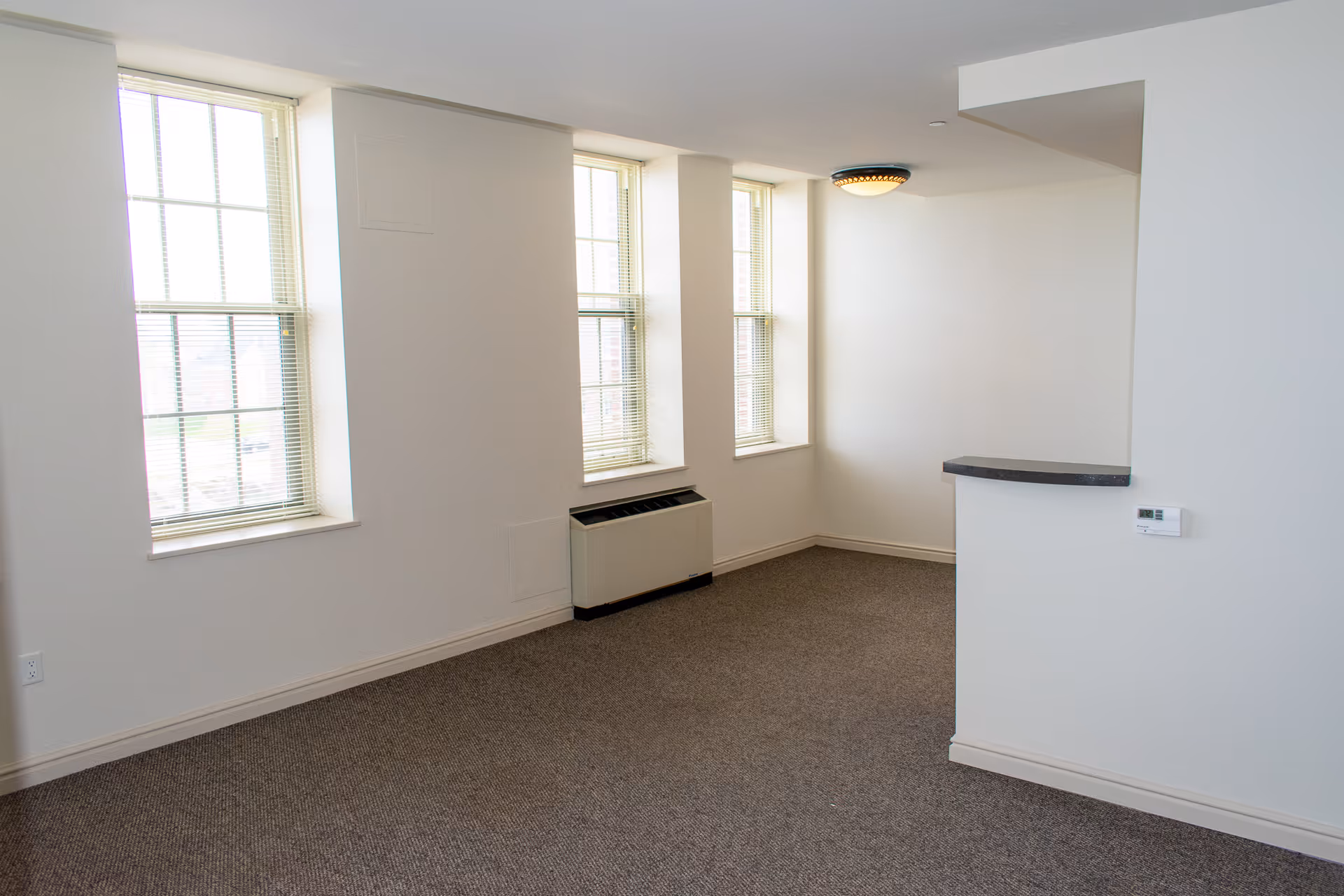 Empty interior room with three tall windows with blinds, beige carpet, white walls, a wall-mounted heater, a small counter with a dark countertop, and a ceiling light fixture.