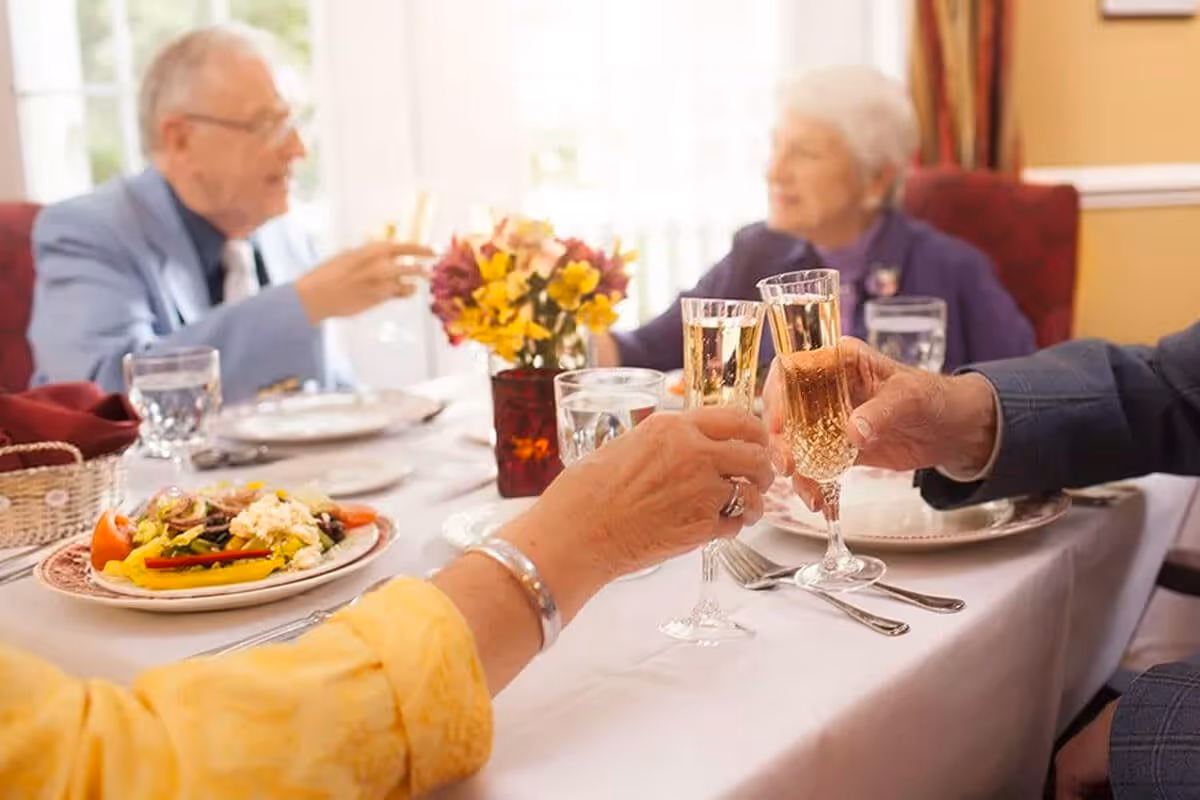 Four elderly people sitting around a dining table, clinking glasses in a toast. The table is set with plates of food, glasses of water, and a centerpiece with colorful flowers. The setting appears warm and inviting with natural light coming through a window.