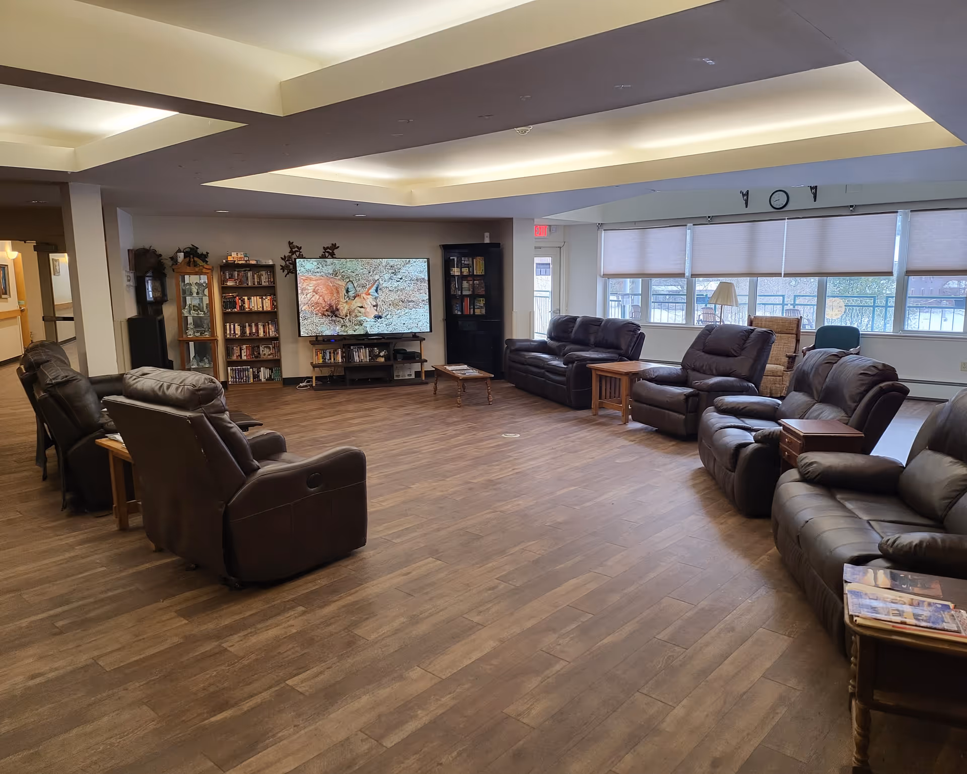 A spacious living room area with multiple brown leather recliners and sofas arranged around a large flat-screen TV mounted on the wall. The TV displays an image of a resting fox. There are bookshelves and cabinets along the back wall, and large windows with blinds letting in natural light. The floor is wooden, and the ceiling has recessed lighting.