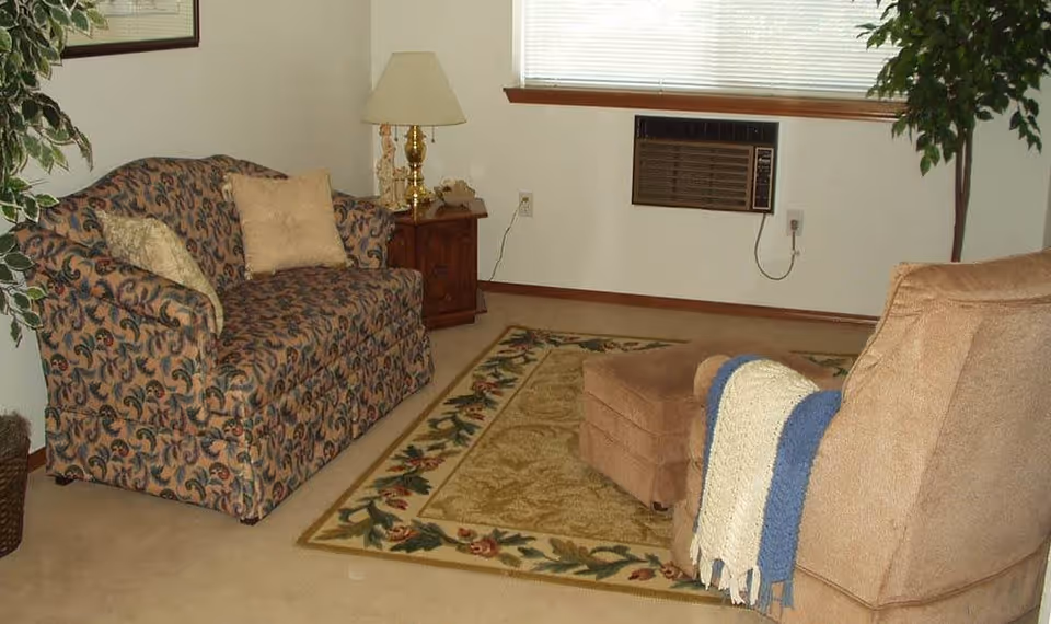 A cozy living room with a patterned loveseat, a beige armchair with a blue and white throw draped over it, a matching ottoman, a floral area rug, a wooden side table with a brass lamp, and a window air conditioning unit.
