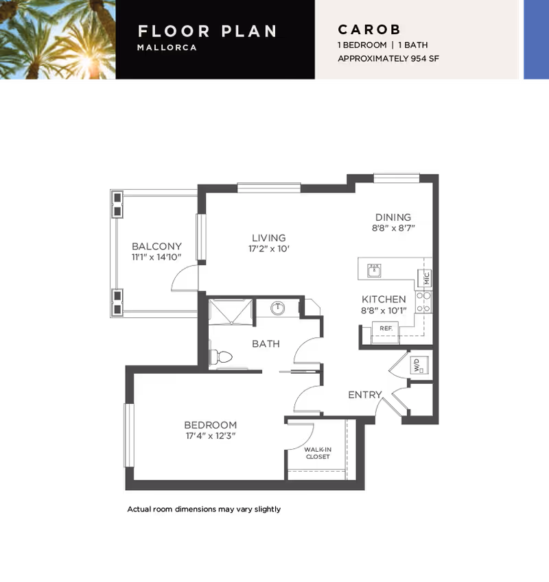 Floor plan layout for the Carob unit at Mallorca, showing 1 bedroom and 1 bathroom with approximately 954 square feet of space.