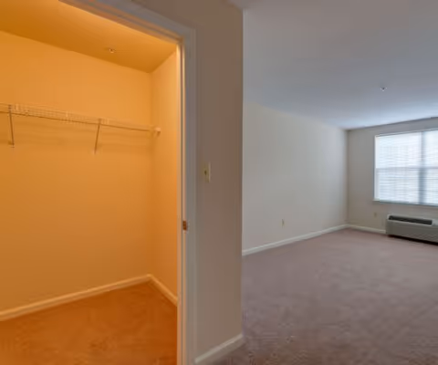 Interior view of a room with beige carpet and white walls. On the left side, there is an open closet with a wire shelf and hanging rod. On the right side, there is a large window with blinds and a heating/cooling unit beneath it.