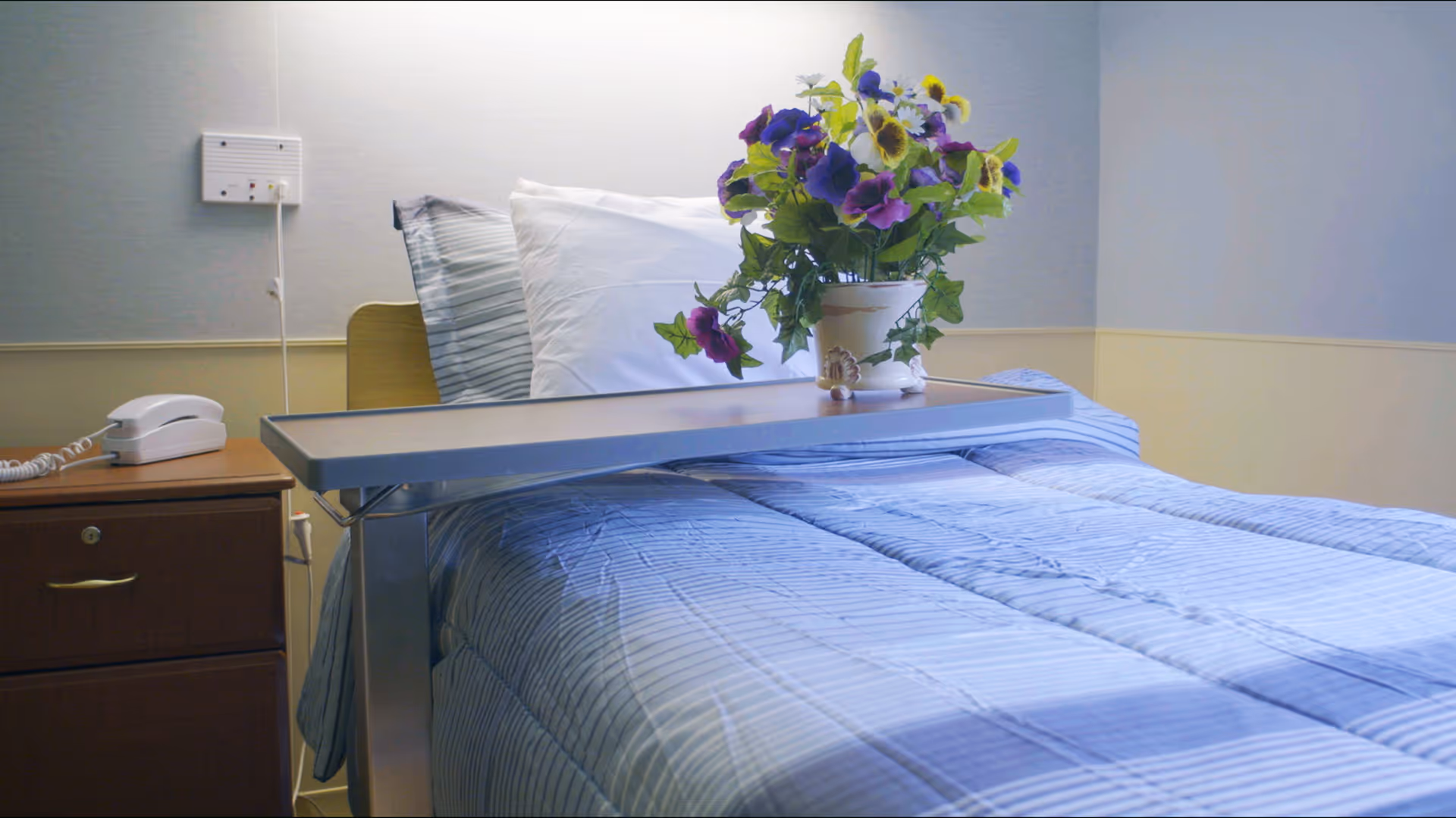 A neatly made bed with blue striped bedding in a nursing facility room. A bedside table with a white telephone is next to the bed. A tray table is positioned over the bed, holding a potted plant with colorful flowers. The walls are painted in light blue and beige tones.