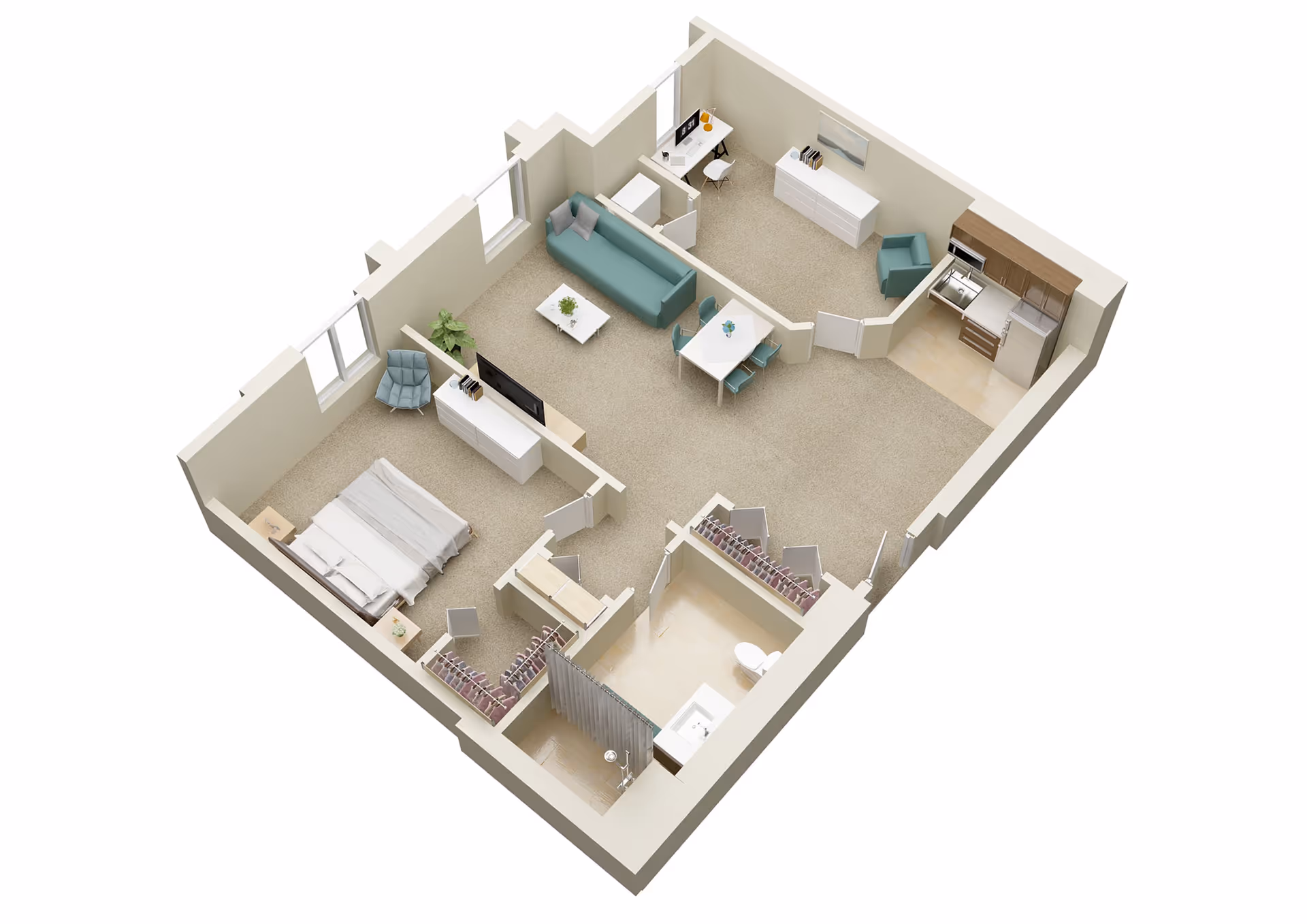 3D floor plan of a one-bedroom apartment showing a bedroom, bathroom, kitchen, living and dining areas.