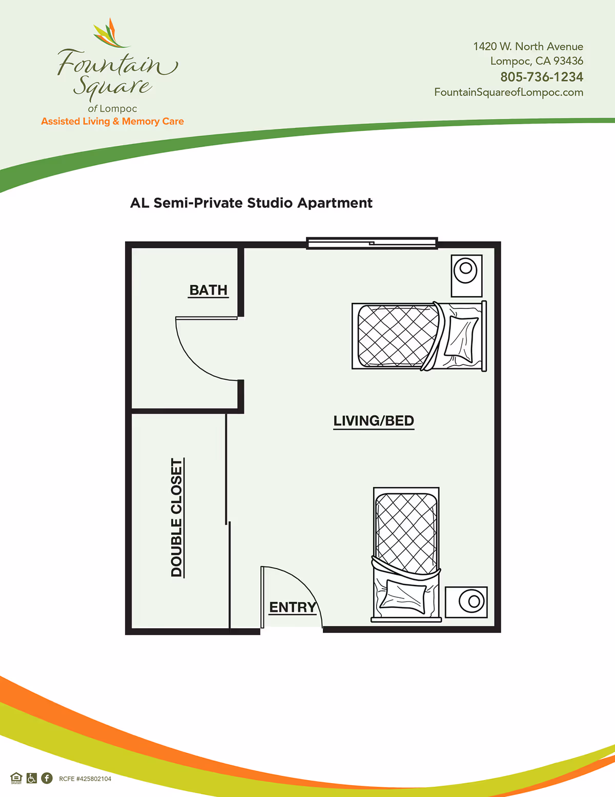 Floor plan of an assisted living semi-private studio apartment at Fountain Square of Lompoc, showing an entry, a living/bed area with two beds and nightstands, a double closet, and a bathroom.