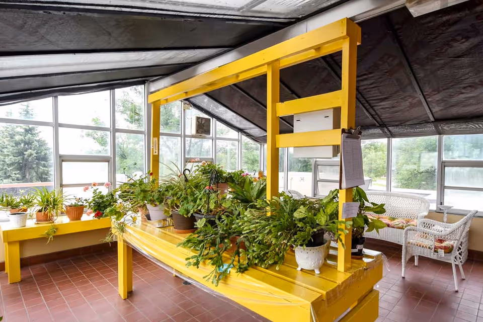 Indoor sunroom with large windows and a slanted ceiling, featuring a bright yellow wooden plant stand filled with various potted plants. There is a white wicker loveseat and chair with colorful cushions in the background, and a clipboard hanging on the yellow structure.