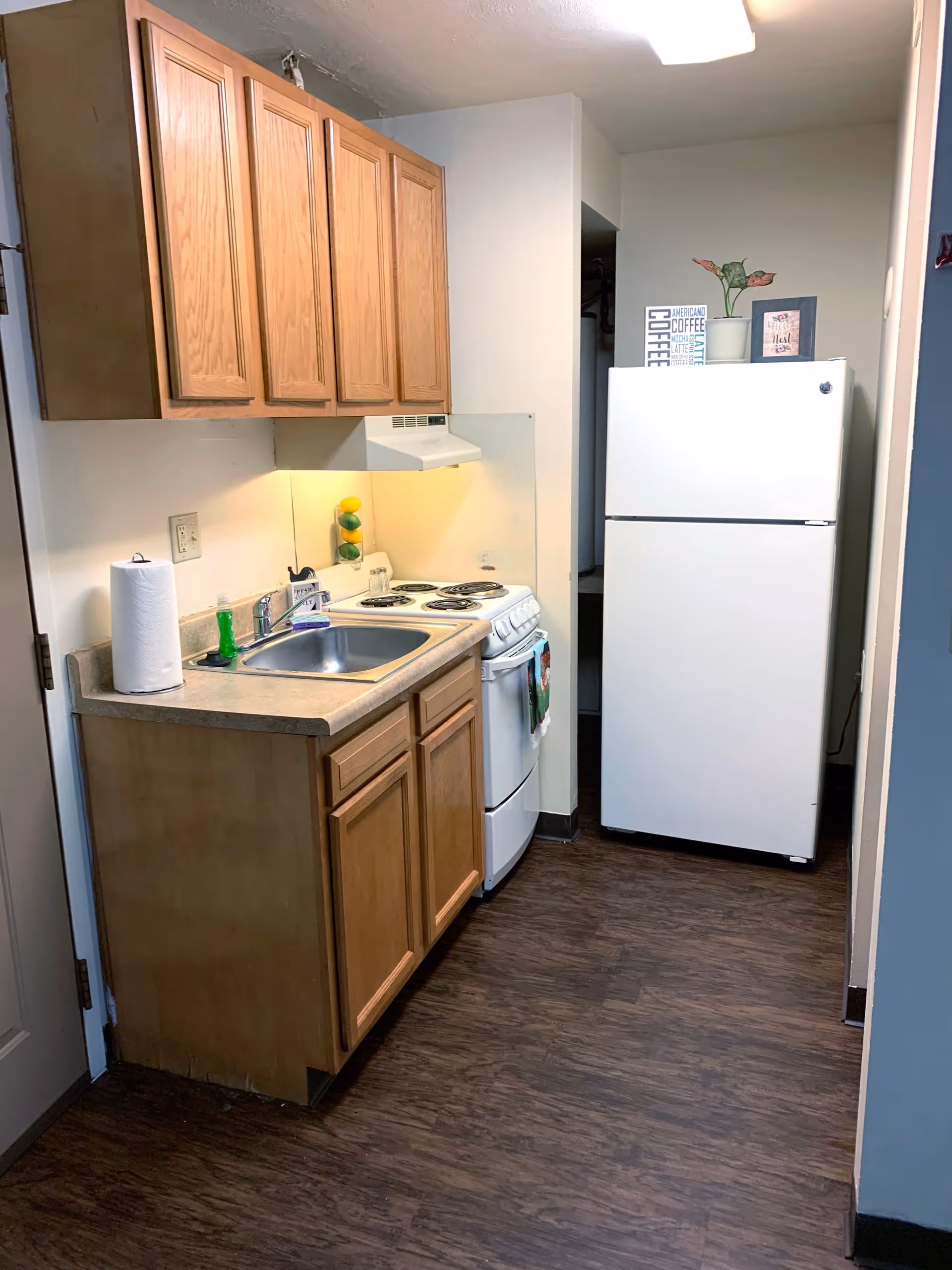 Small kitchen with wooden cabinets, a countertop with a sink and paper towel holder, a white electric stove with four burners, and a white refrigerator. There are decorative items on top of the refrigerator including a potted plant and framed signs. The floor is dark wood and the walls are light-colored.