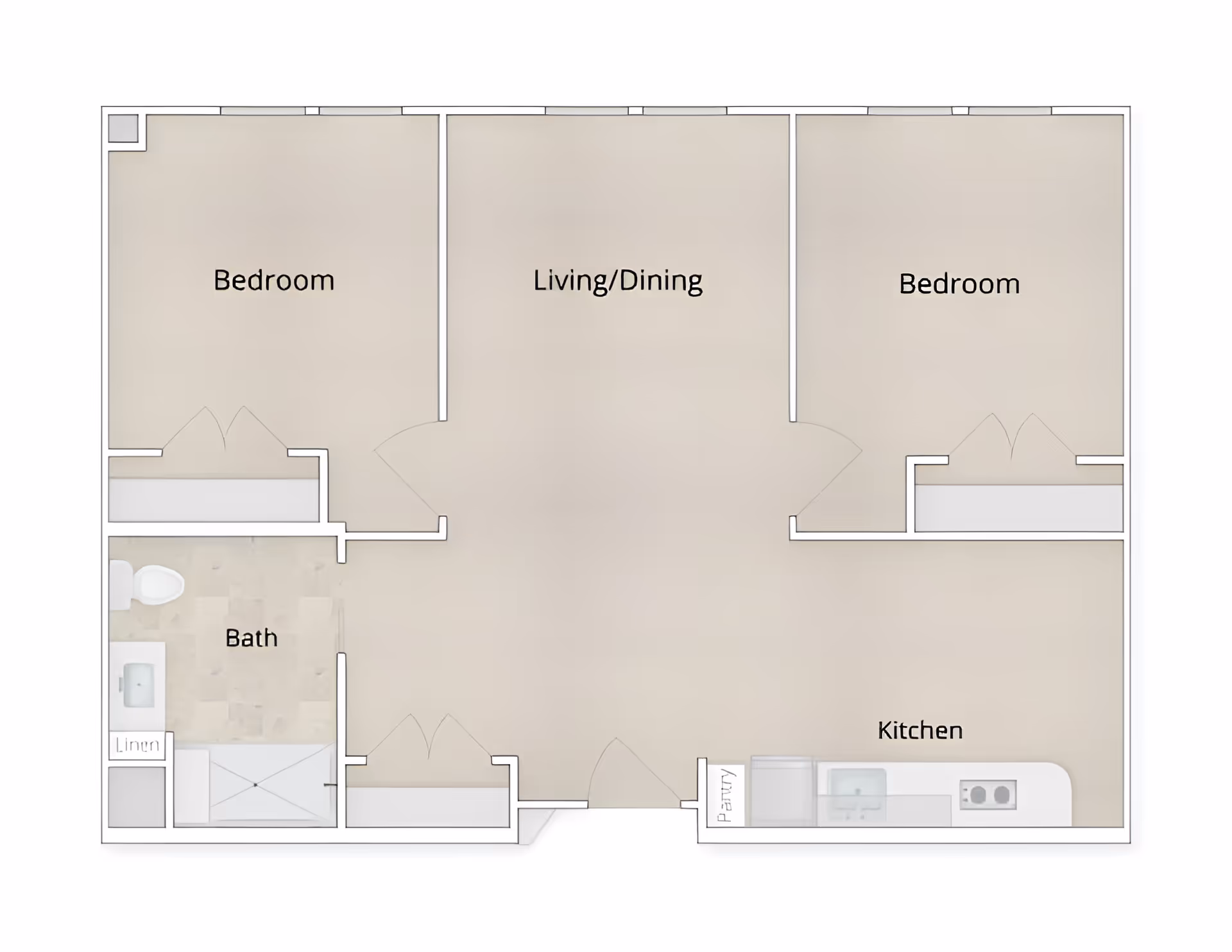 Top-down floor plan showing two bedrooms, a central living/dining area, a kitchen, and a bathroom.