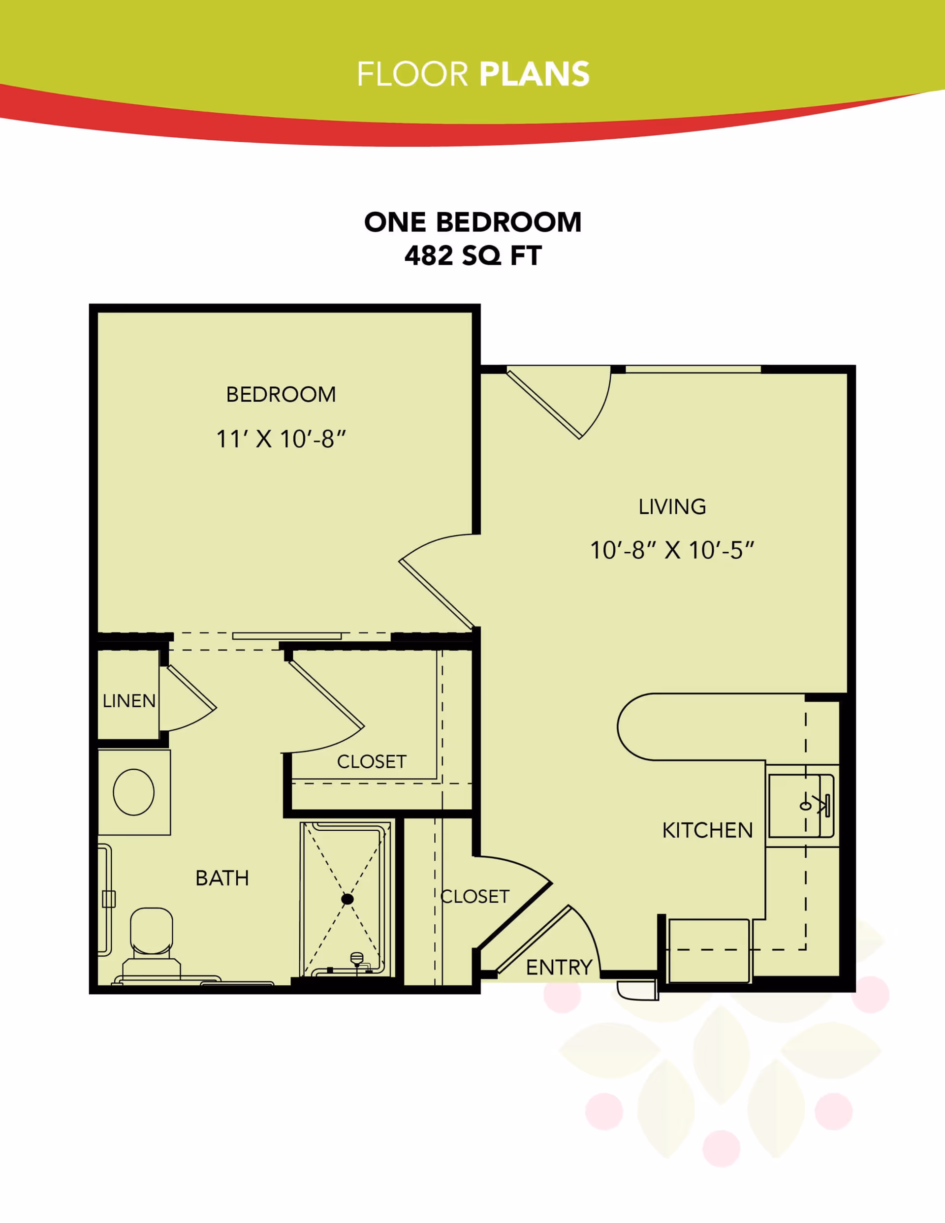 Floor plan of a one-bedroom apartment with 482 square feet. The layout includes a bedroom measuring 11 feet by 10 feet 8 inches, a living room measuring 10 feet 8 inches by 10 feet 5 inches, a kitchen, a bathroom with a linen closet, and two additional closets near the entry.