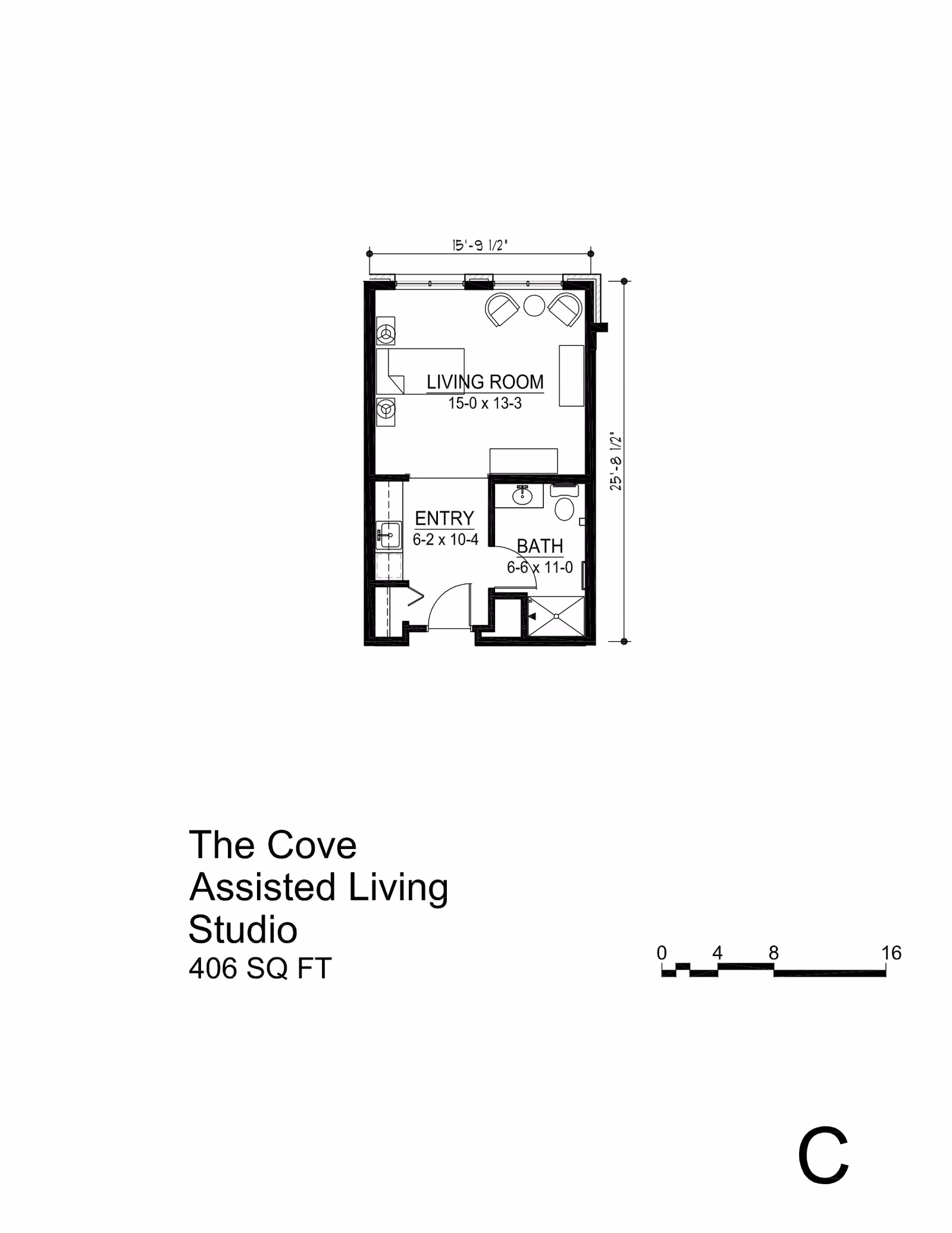 Architectural floor plan of The Cove Assisted Living Studio apartment at The Homestead at Anoka, showing a living room, entry area, and bathroom with dimensions and total area of 406 square feet.