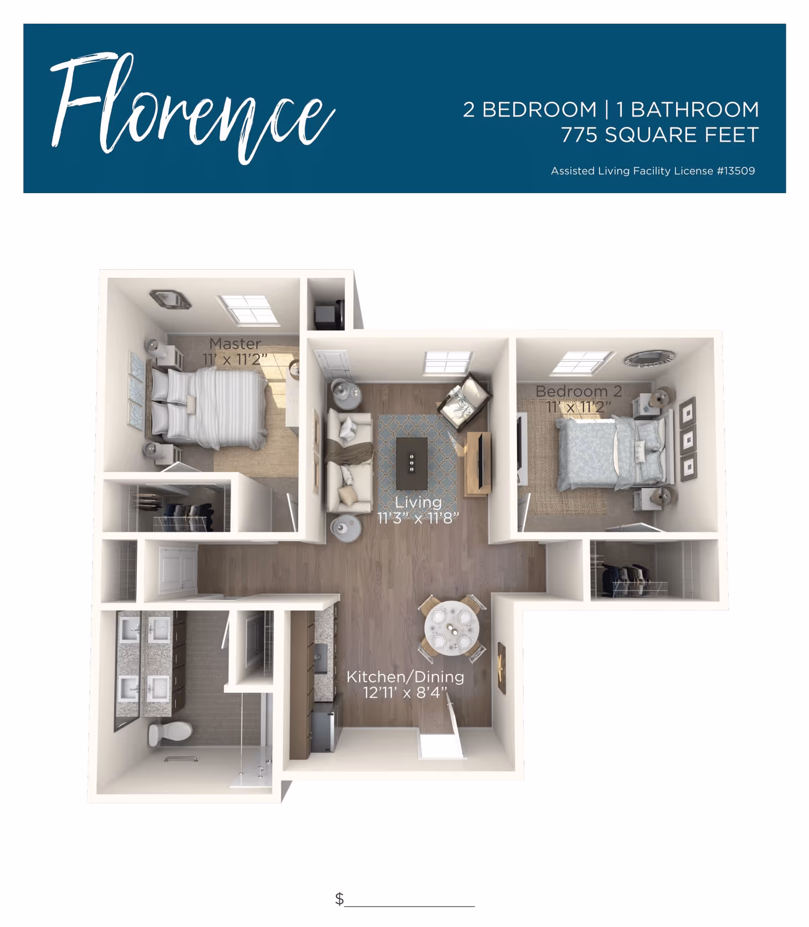 3D floor plan of the Florence apartment at Tuscan Gardens of Delray Beach showing a 2 bedroom, 1 bathroom layout with 775 square feet. The plan includes a master bedroom measuring 11 by 11 feet 2 inches, a second bedroom of the same size, a living room measuring 11 feet 3 inches by 11 feet 8 inches, and a kitchen/dining area measuring 12 feet 11 inches by 8 feet 4 inches. The bathroom has a double sink, toilet, and shower. The layout shows furniture placement and windows in each room.