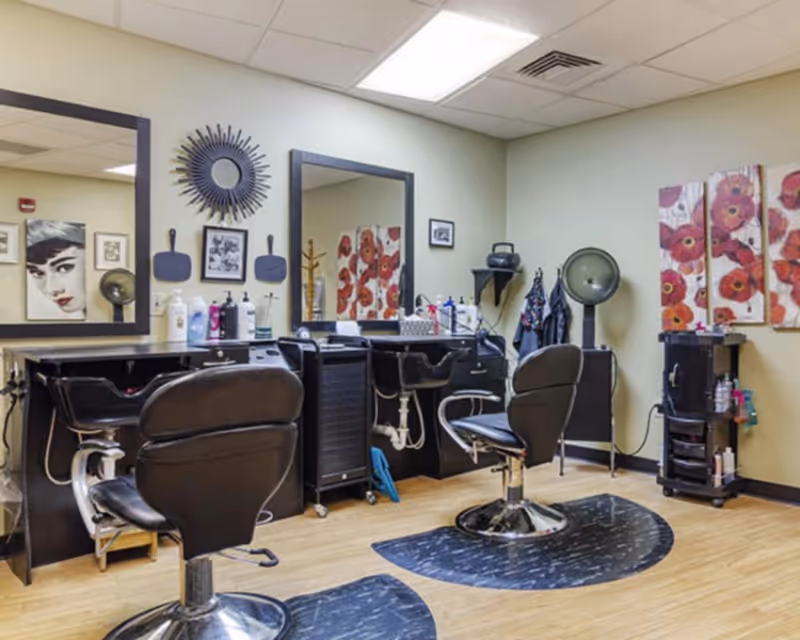 Interior view of a salon area with two black salon chairs in front of two sinks and mirrors. The walls are decorated with artwork including a portrait and floral paintings. Various hair care products and salon equipment are visible on counters and shelves.