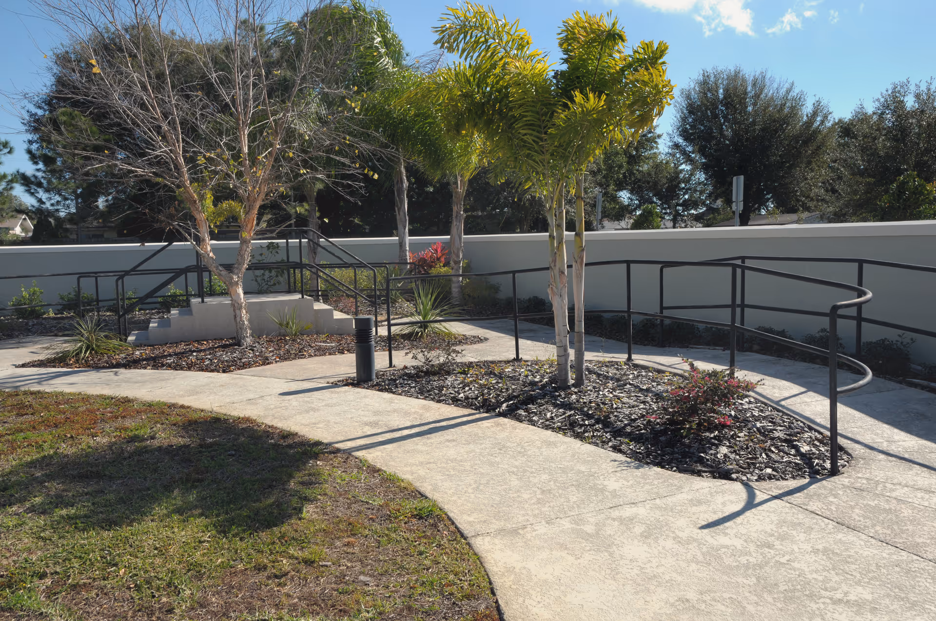 Outdoor paved walkway with a ramp and stairs surrounded by landscaped areas with small trees and plants, under a clear blue sky.
