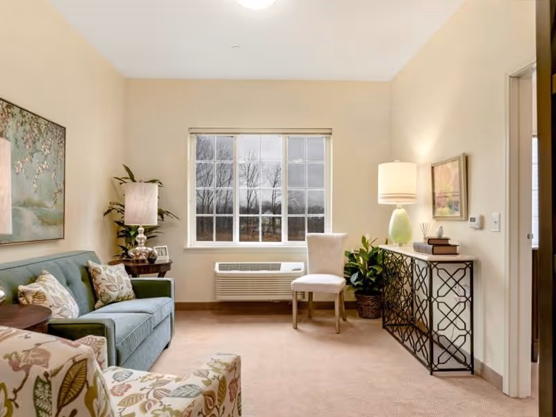 Well-lit living room with a sofa, patterned armchair, window, side tables and a console table with lamps and plants.