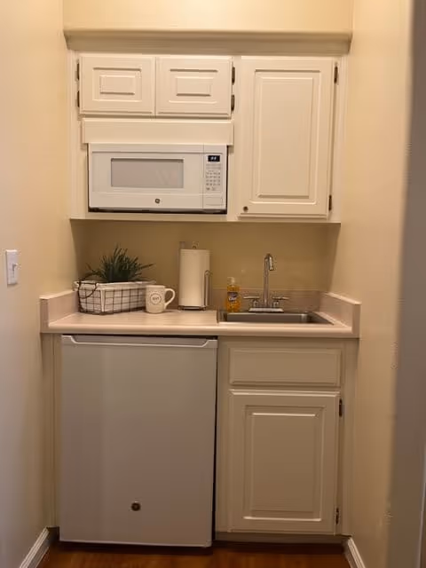 Small kitchenette area with white cabinets, a white microwave above the counter, a small sink with a faucet, a mini refrigerator below the counter, a paper towel holder, a soap dispenser, a white mug, and a small plant in a basket on the countertop.