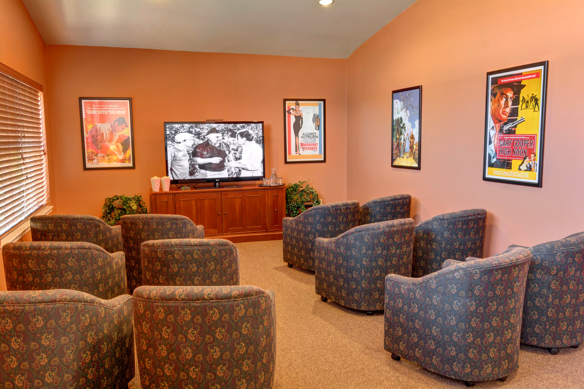 A cozy media room with eight patterned armchairs arranged in two rows facing a flat-screen TV mounted on a wooden cabinet. The TV is playing a black and white movie. The walls are painted a warm beige color and decorated with framed vintage movie posters. There is a window with wooden blinds on the left side and some green plants near the TV cabinet.