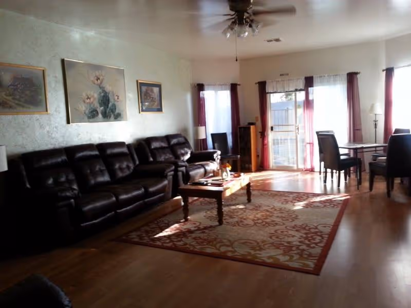 Bright living room with leather sofas, a coffee table on a patterned rug, and a dining area near a sunlit glass door.