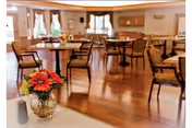 A bright dining room with several round tables and chairs and a small vase of flowers in the foreground.