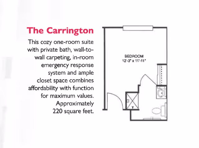 Floor plan of The Carrington, a cozy one-room suite with a private bath, wall-to-wall carpeting, in-room emergency response system, and ample closet space. The bedroom measures 12 feet 3 inches by 11 feet 11 inches, with an attached bathroom including a toilet, sink, and shower.