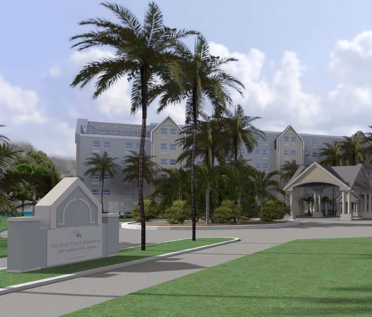 Front entrance and driveway of a multi-story senior living building with palm trees, landscaping, and an entry sign.