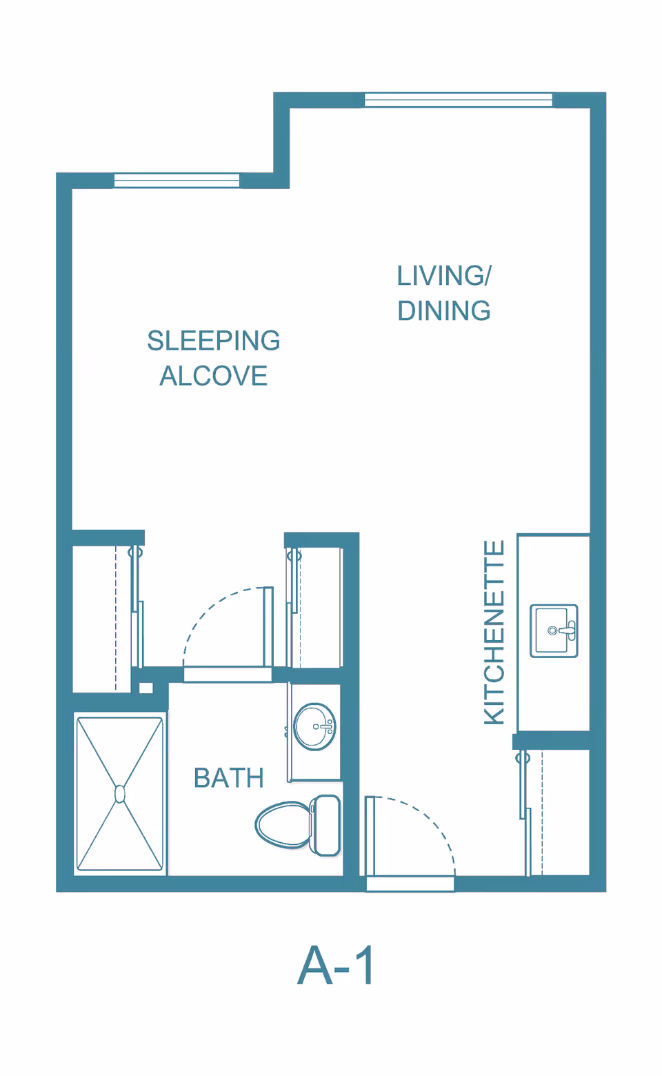 Floor plan labeled A-1 showing a studio layout with a sleeping alcove, living/dining area, kitchenette, and a bathroom with a shower, toilet, and sink.