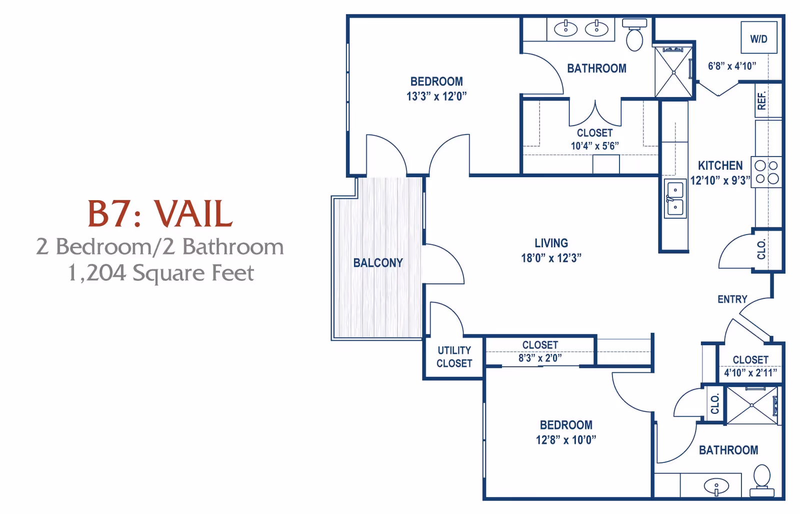 Floor plan of B7: Vail, a 2 bedroom, 2 bathroom apartment with 1,204 square feet. The layout includes two bedrooms, two bathrooms, a kitchen, living area, balcony, utility closet, and multiple closets.