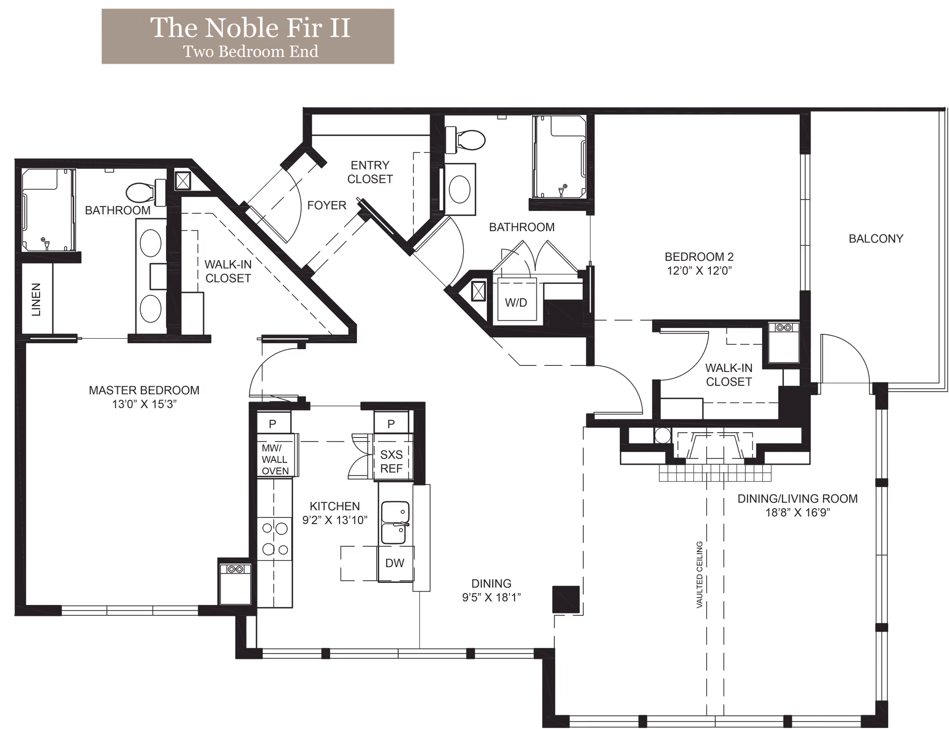 Floor plan titled The Noble Fir II Two Bedroom End showing layout of rooms including master bedroom with walk-in closet and bathroom, second bedroom with walk-in closet, two bathrooms, kitchen, dining area, dining/living room with vaulted ceiling, foyer with entry closet, linen closet, washer/dryer area, and balcony.