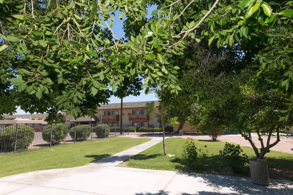 Outdoor view of a senior living facility with a paved walkway, green grass, trees, and bushes. The building in the background has balconies and windows, partially shaded by tree branches.