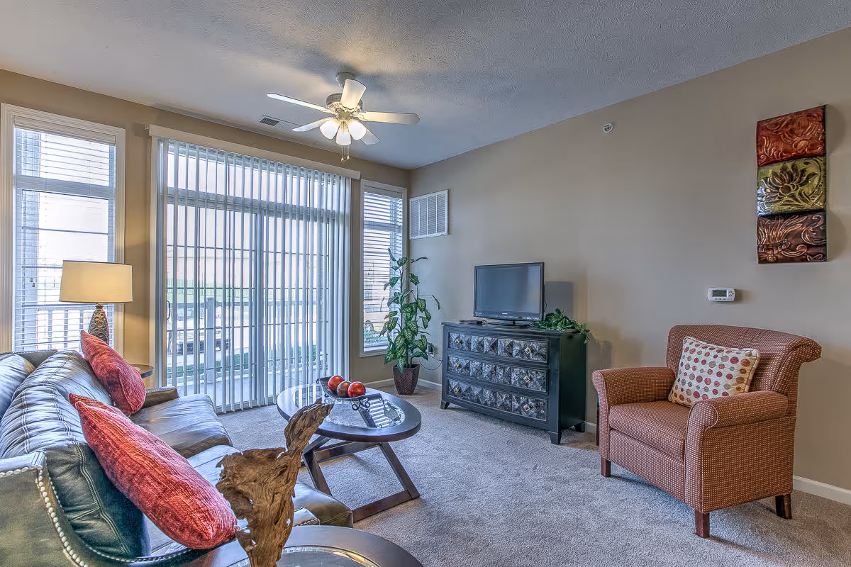 Bright living room with a leather sofa, armchair, TV on a dresser, coffee table, and sliding glass door with vertical blinds.