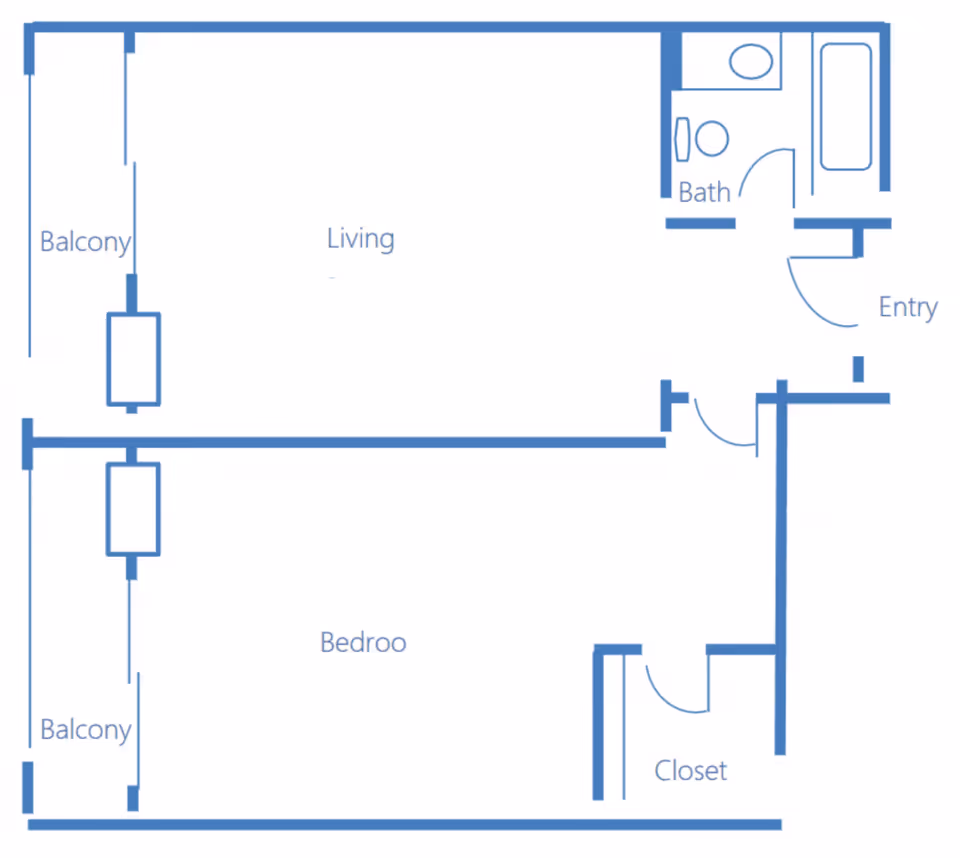 Floor plan of a living space at Olive Grove showing an entry, bath, living room, bedroom with closet, and two balconies.