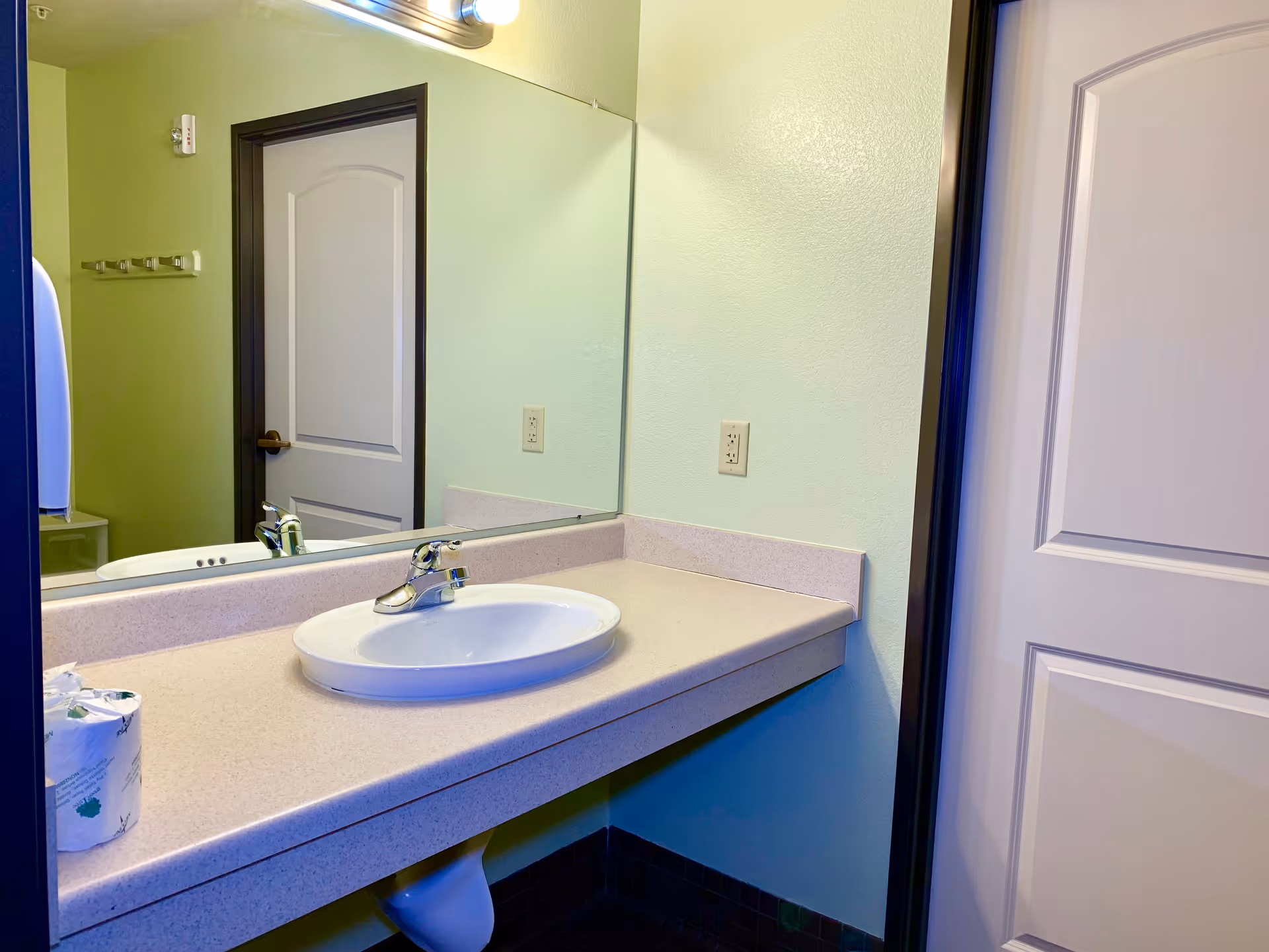 A bathroom sink with a single faucet on a beige countertop. There is a large mirror above the sink reflecting a closed white door with dark trim. A roll of toilet paper is placed on the left side of the countertop. The walls are painted light green.