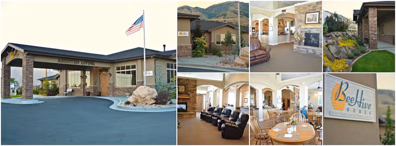 Collage of images showing BeeHive Homes Assisted Living facility including the front entrance with an American flag, exterior views with landscaping and mountains in the background, interior common areas with seating and a fireplace, a dining area with tables and chairs, and a close-up of the BeeHive Homes sign.
