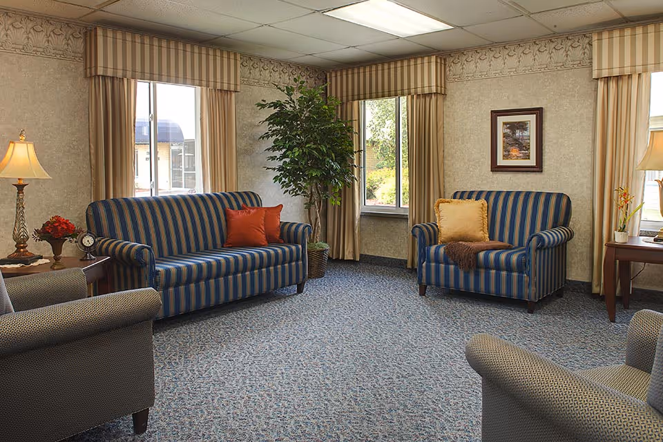 A cozy living room area with two striped blue sofas, one with a red pillow and the other with a yellow pillow and brown throw. There are two windows with beige curtains, a tall green potted plant in the corner, two side tables with lamps, and a framed picture on the wall.