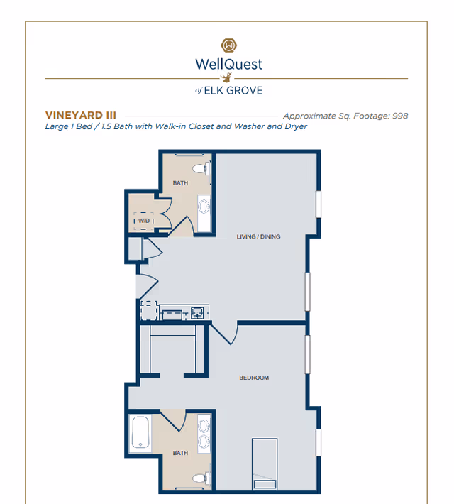 Floor plan of Vineyard III at WellQuest of Elk Grove showing a large 1 bedroom, 1.5 bath layout with walk-in closet and washer and dryer. The plan includes a living/dining area, bedroom, two bathrooms, and a washer/dryer closet.