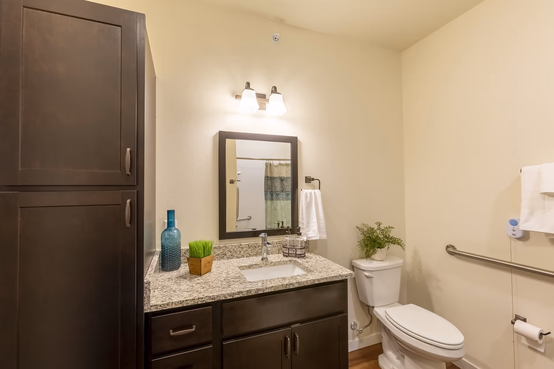 A clean and modern bathroom featuring a granite countertop with a sink, a dark wood cabinet, a mirror with two light fixtures above it, a toilet with a small plant on top, a towel rack with a white towel, and a grab bar on the wall.