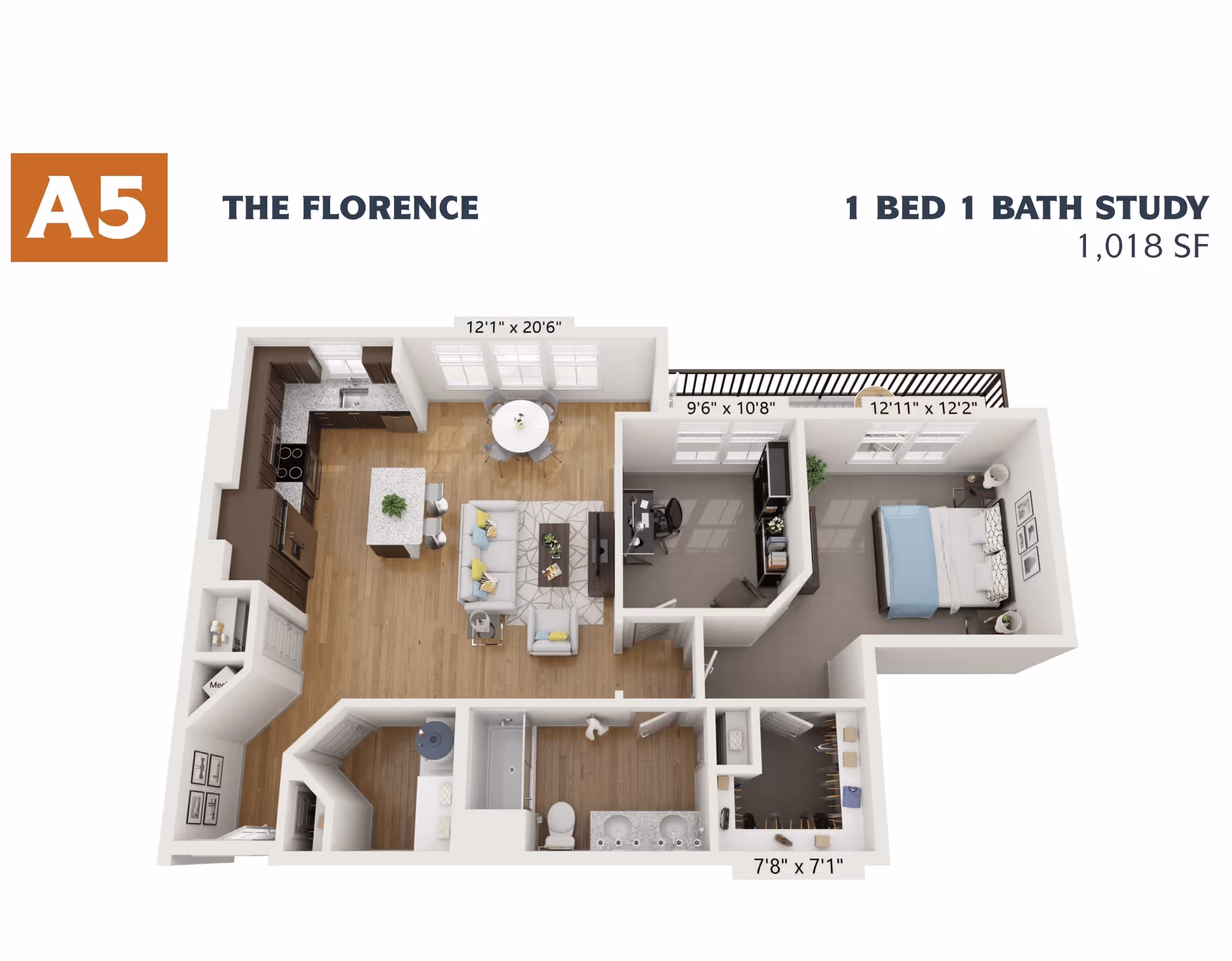 3D floor plan of a one-bedroom, one-bathroom apartment with a study named The Florence. The layout includes a kitchen with an island, a dining area, a living room, a study room with a desk, a bedroom with a bed and nightstands, a bathroom with a double sink, and a walk-in closet. Dimensions of rooms are labeled.