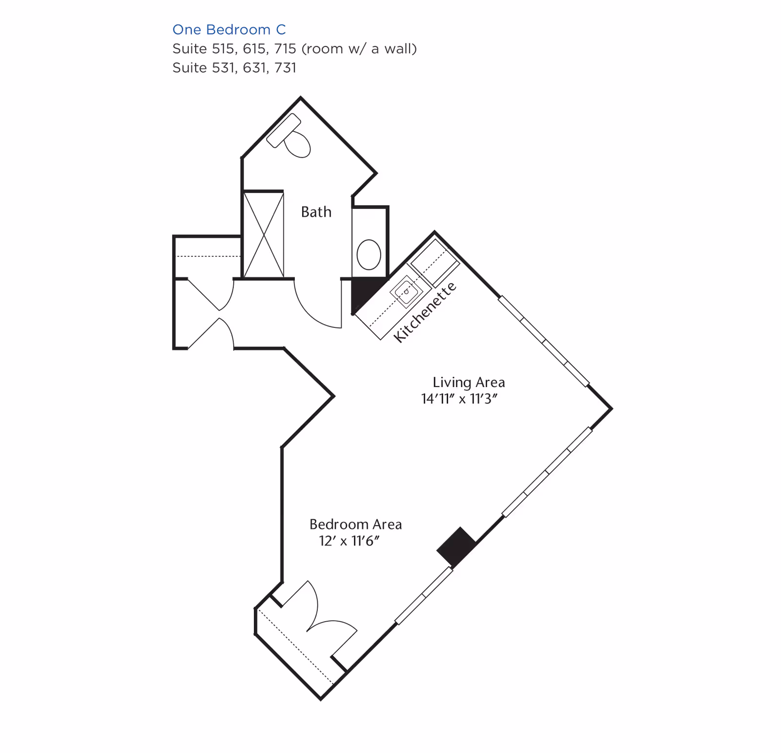 Floor plan of a one-bedroom suite labeled One Bedroom C, showing a bedroom area measuring 12 feet by 11 feet 6 inches, a living area measuring 14 feet 11 inches by 11 feet 3 inches, a kitchenette, and a bathroom. The suite numbers listed are 515, 615, 715 (room with a wall), and 531, 631, 731.